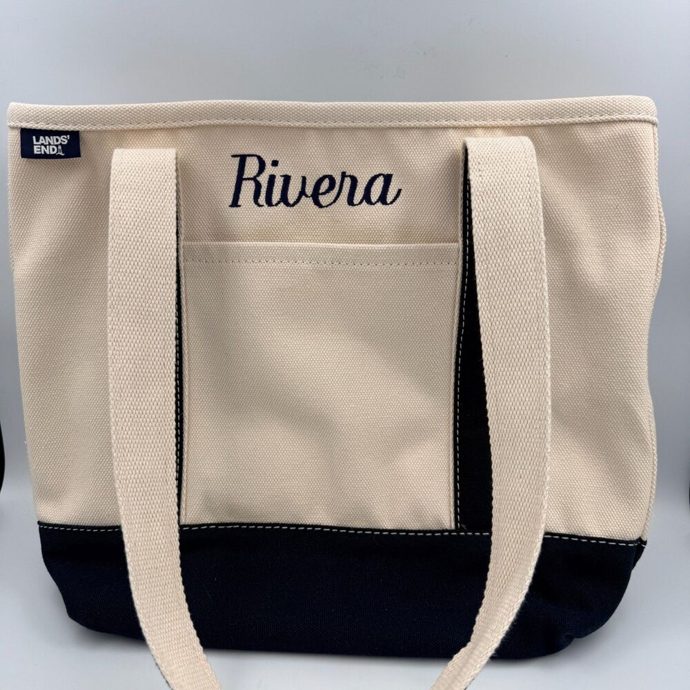Lands End Canvas Tote Bag Medium Ivory Navy Personalized "Rivera" Sturdy Boat